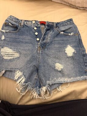 Signature8 Light Blue Distressed High-Rise Jean Shorts